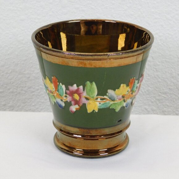 Copper Lusterware Floral Design Beaker Pudding Cup Antique 4" mid 1800's FLAW - Picture 2 of 10